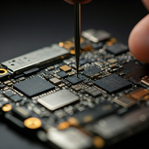 Close-up macro photography of a technician repairing an iPhone motherboard under specialized lighting, showing extreme precision and technical detail.