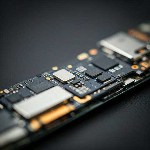 Macro shot of internal smartphone components like logic board and camera module, technical lighting
