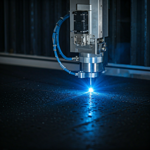High-tech industrial laser machine operating on a dark surface emitting a blue beam